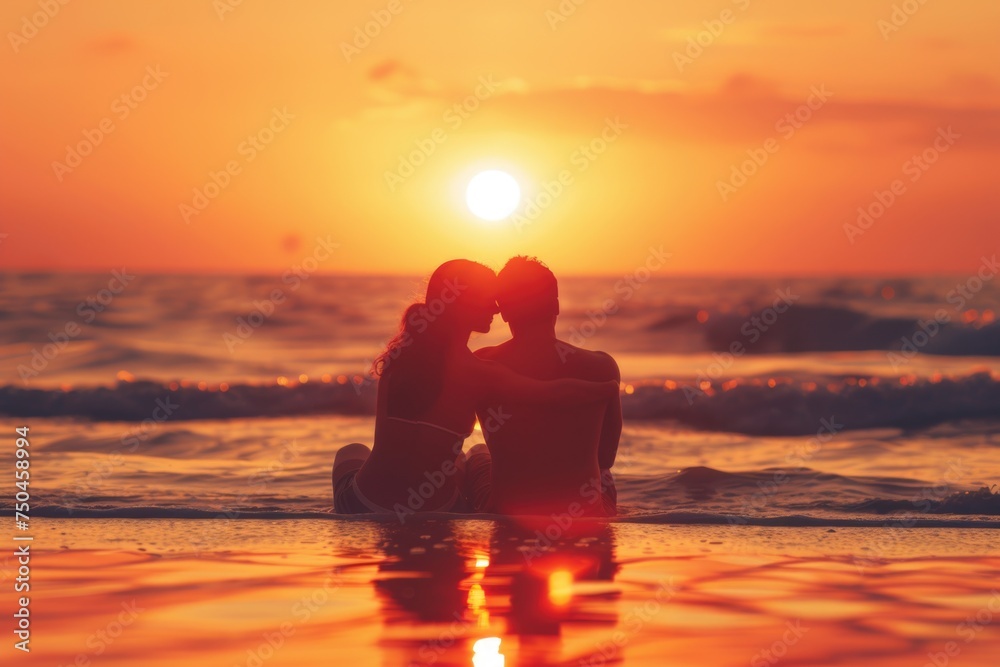 A man and a woman sitting together on the beach at sunset. Ideal for travel and romantic concepts