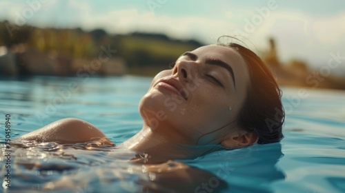A woman peacefully floating in a pool. Suitable for relaxation or wellness concepts © Fotograf