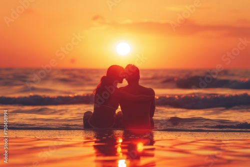 A man and a woman sitting together on the beach at sunset. Ideal for travel and romantic concepts