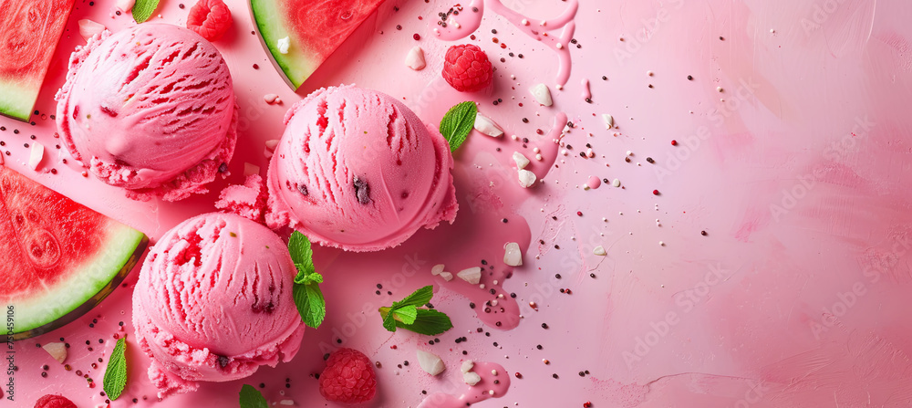 Pink ice cream with watermelon flavor on the pink background, summer concept Pink ice cream with watermelon flavor on the pink background, summer concept