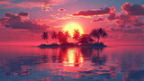 Colorful sunset over tranquil tropical island with silhouetted palm trees