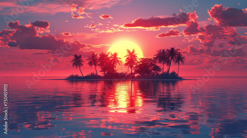 Colorful sunset over tranquil tropical island with silhouetted palm trees