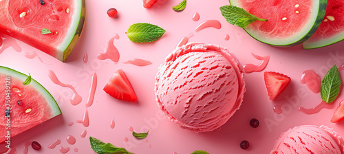 Pink ice cream with watermelon flavor on the pink background