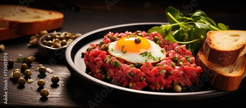 Gourmet Beef Tartare Delight with Crispy Fried Bread and Fresh Egg on Elegant Plating