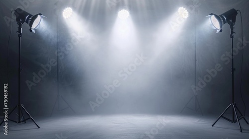 Three spotlight lights shining in a dark room with fog. Ideal for dramatic and mysterious themed projects