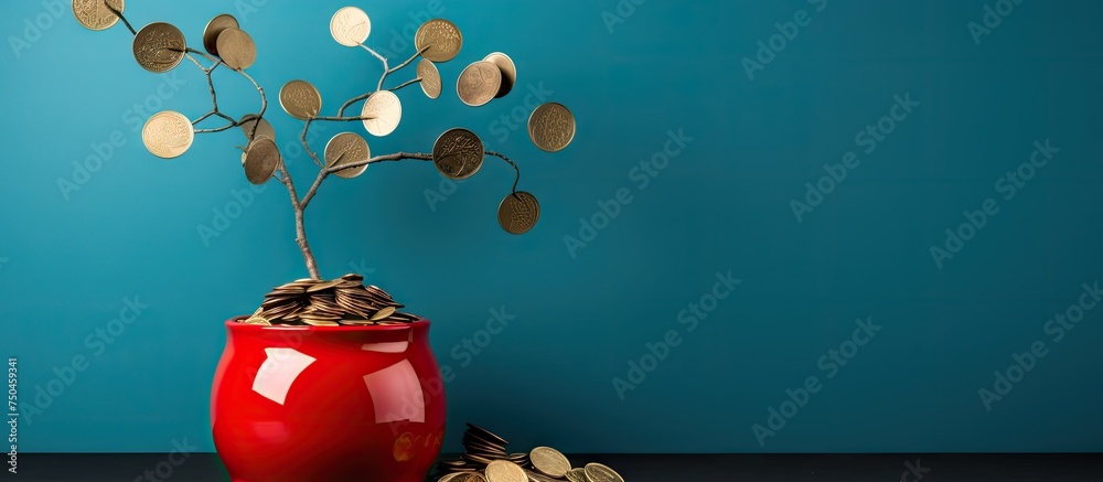 Vintage Red Money Box Surrounded by Euro Coins and Lush Plant on Blue Background - obrazy, fototapety, plakaty 