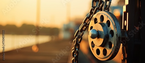 Detailed Close-Up of Nautical Chain on Boat's Pulley System for Safe Harbor Parking photo