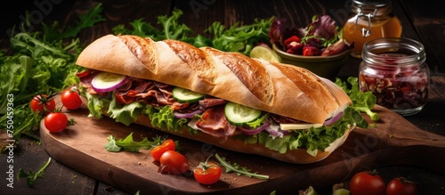 Gourmet Ciabatta Baguette Sandwich Loaded with Fresh Vegetables, Crispy Bacon, and Flavorful Cheese