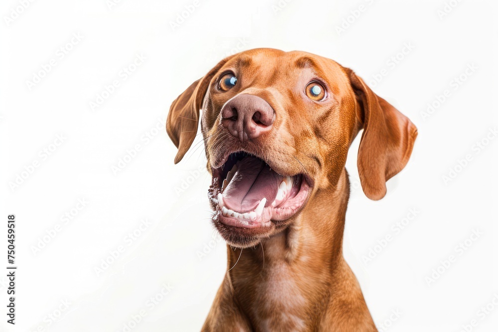 Funny Portrait of Half-breed Red Dog Catches treats with his opened mouth isolated on white background 