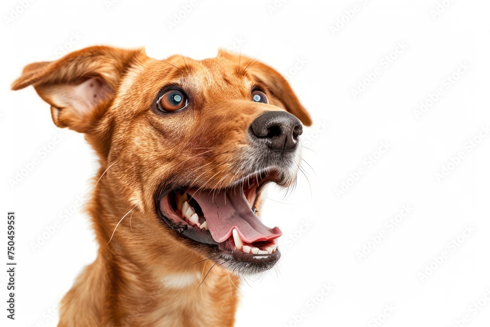 Funny Portrait of Half-breed Red Dog Catches treats with his opened mouth isolated on white background Funny Portrait of Half-breed Red Dog Catches treats with his opened mouth isolated on white background