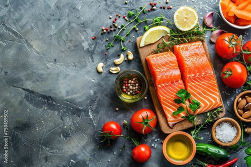 Fresh raw salmon fillet on wooden cutting board, organic bio vegetables and nuts on rustic stone grey background top view. Ingredients full of vitamins for healthy diet and nutrition, space for text 