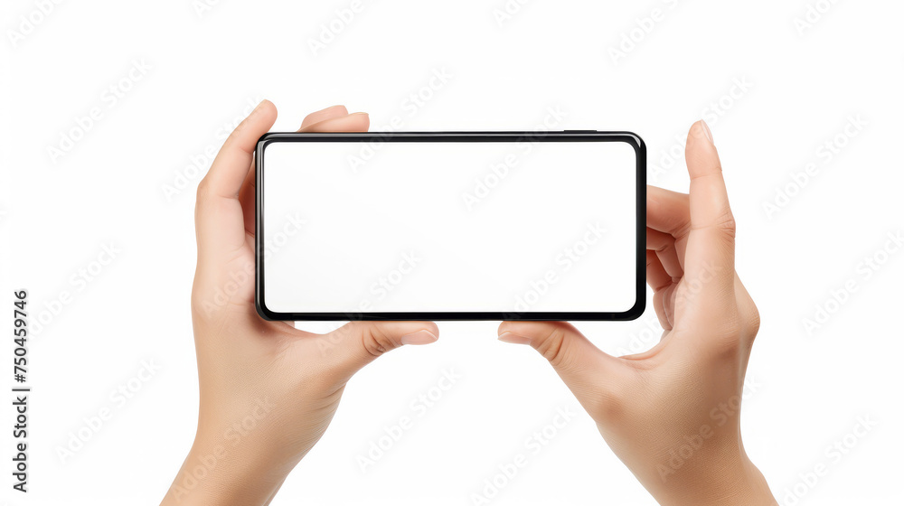 Hands displaying a smartphone with horizontal screen isolated on white Hands displaying a smartphone with horizontal screen isolated on white