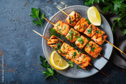 Grilled barbecue salmon skewers seasoned with green parsley and lemon on ceramic plate on dark blue concrete rustic table background top view, healthy eating. 