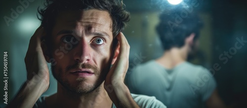 Exhausted man reflecting on sleepless night while staring at self in mirror at home