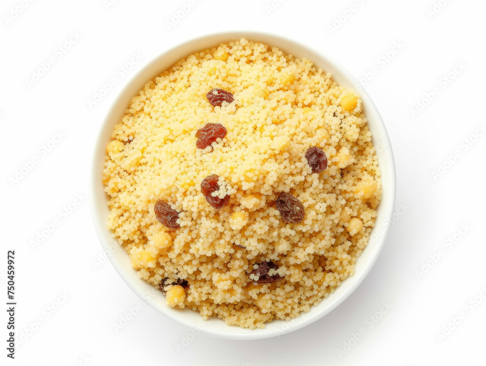 Couscous with Raisins in a white bowl, minimalistic design, top-down view isolated on white background. Healthy food concept. Design for nutritional guide, cooking website, food blog Couscous with Raisins in a white bowl, minimalistic design, top-down view isolated on white background. Healthy food concept. Design for nutritional guide, cooking website, food blog