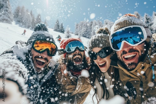 Group of friends having fun in a ski resort 