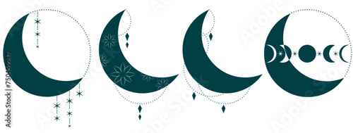 Crescent moon phases design . Vector illustration isolated on white background. Mystical design for 
logo, tattoo photo