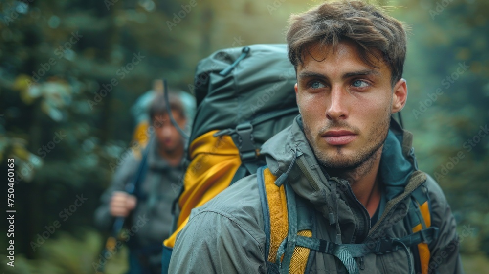an attractive sporty guy with a friend with a hiking backpack goes to a camp in the forest, poster, banner