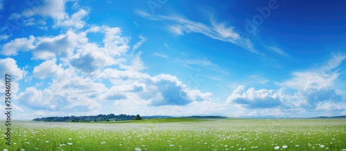 Tranquil Blue Meadow Under Sunny Sky: Serenity in Nature with Vast Grassland Landscape
