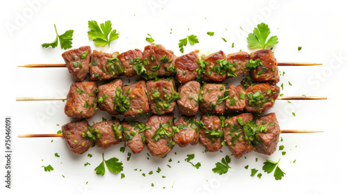 Beef Kebabs on skewers with parsley garnish, symmetrically arranged, top-down view isolated on white background. Barbecue concept. Design for BBQ menu, recipe book, culinary blog