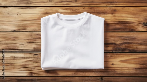 Top view of a folded white t-shirt mockup on rustic wooden table.