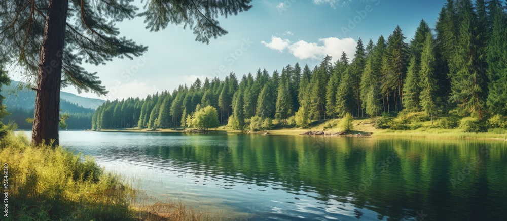 Tranquil Lake Nestled in Verdant Forests with Majestic Pine Tree in Foreground Tranquil Lake Nestled in Verdant Forests with Majestic Pine Tree in Foreground