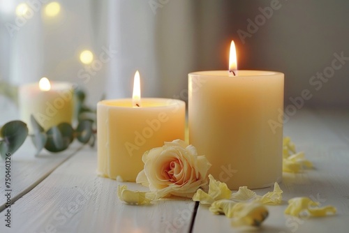 A couple of candles on a wooden table. Perfect for home decor ideas