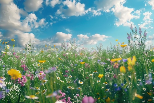 Beautiful field of wildflowers with a clear blue sky background. Perfect for nature and outdoor concepts