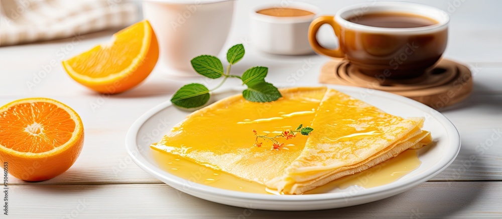 Delicious Crepe Suzette with Orange Sauce & Coffee on White Wooden Background