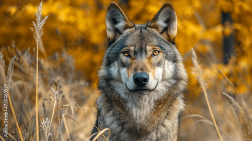 Majestic wolf standing in golden autumn field - wildlife in natural habitat