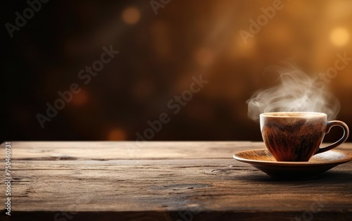 Cup of coffee on wooden table web banner size. Brown blurred background. Relaxed pace time. Good morning concept. AI Generative.