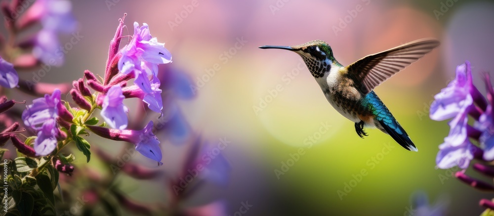 Fototapeta premium Graceful Hummingbird Soaring Above Vibrant Purple Bloom in a Lush Garden