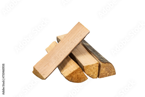 Dry firewood chopped and stacked on white background