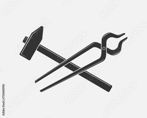 Blacksmith tools graphic sign. Smithy symbol. Forging tools sign isolated on white background. Vector illustration