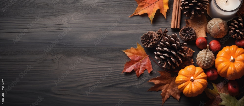 Cozy Autumn Setting with Patchy Plaid Pumpkin Candles and Maple Leaves