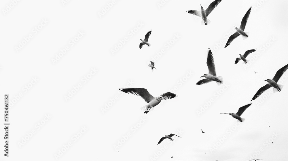 Fototapeta premium A flock of seagulls soaring gracefully against a clear, white sky, creating a serene and minimalist composition.