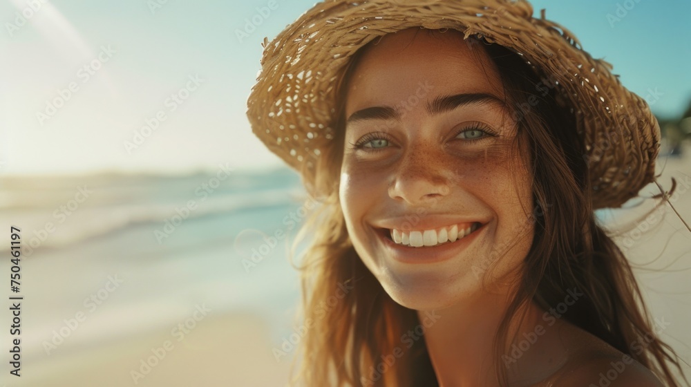 A woman in a straw hat relaxing on the beach. Suitable for travel websites