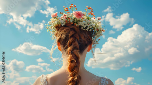 Back photo of a girl wearing a flower wreath on a sky background. High quality