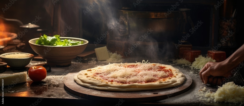 Crafting Delicious Pizza from Scratch on a Traditional Stone Oven with Fresh Ingredients