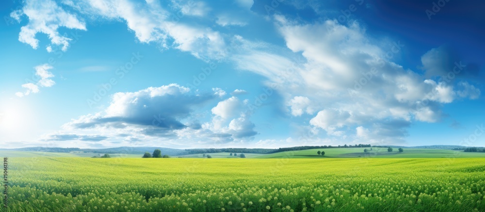 Serene View of Lush Green Pastures in the Countryside under a Clear Blue Sky