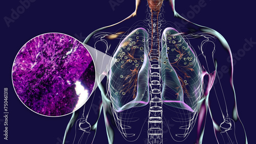 Lungs affected by silicosis, 3D illustration and micrograph