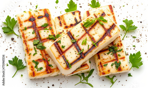 Grilled Halloumi cheese slices, evenly spaced, top-down view isolated on white background. Mediterranean cuisine concept. Design for vegetarian menu, healthy eating blog, recipe guide