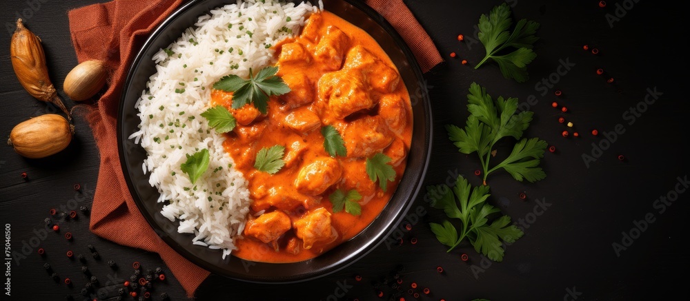 Delicious Chicken Tikka Masala Served with Basmati Rice and Coriander Leaves Delicious Chicken Tikka Masala Served with Basmati Rice and Coriander Leaves