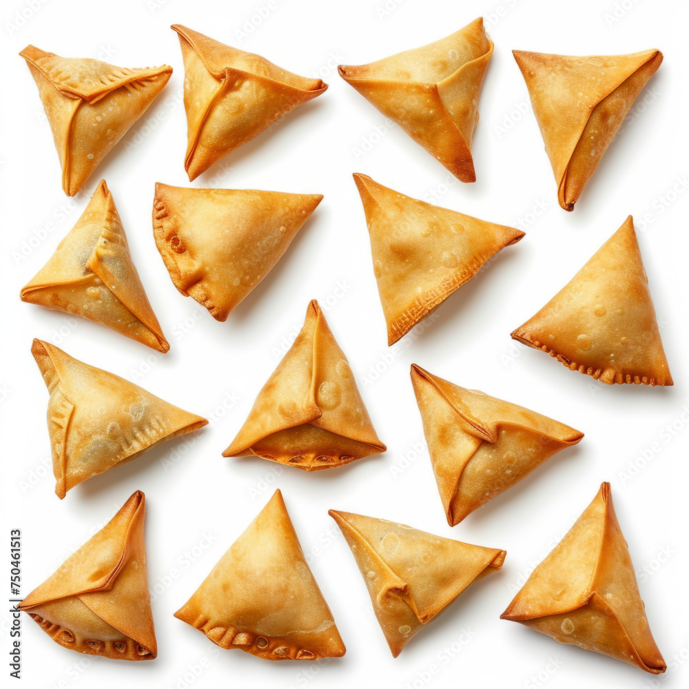Samosas arranged in a pattern, golden and triangular, top-down view isolated on white background. Indian snack concept. Design for culinary poster, food festival brochure, snack bar menu