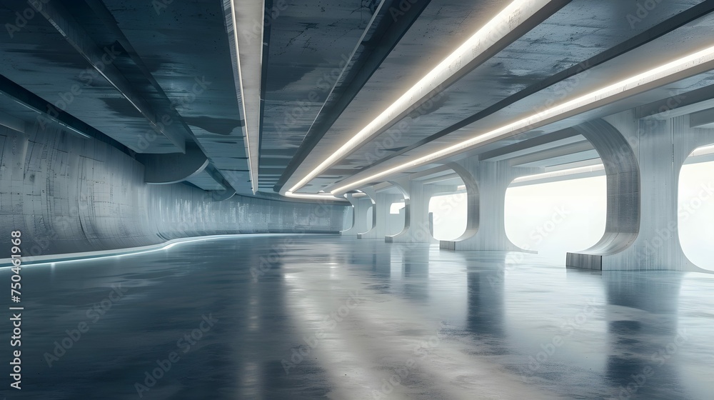 Obraz premium 3d render of futuristic concrete architecture with car park, empty cement floor.