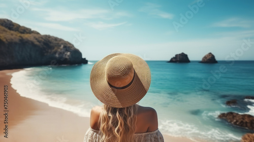 Woman with strawhat seen from behind at the beach photo