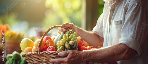 Elderly man selecting fresh organic produce and placing them in reusable mesh shopping bag photo
