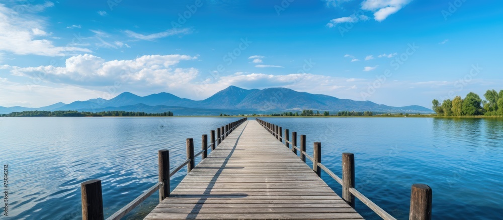 Tranquil Wooden Dock Overlooking a Serene Lake with Beautiful Sky Background