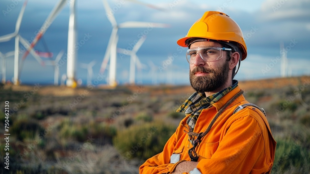 Male engineer standing in field at wind farm, clean energy concept. Male engineer standing in field at wind farm, clean energy concept.