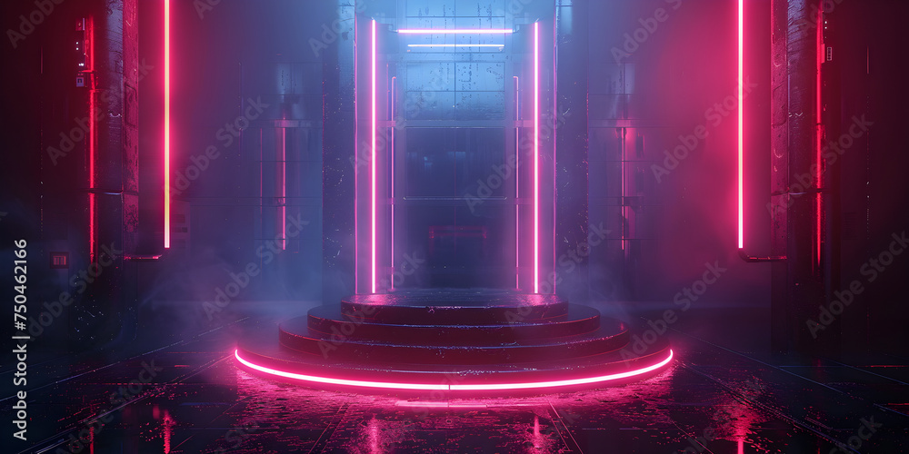 Neon podium platform with light effect background.